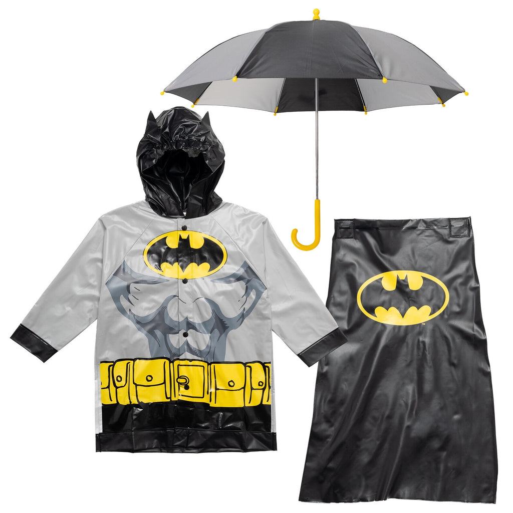 DC Comics Justice League Batman Little Boys Costume Waterproof Rain Jacket Cape and Umbrella 3 Piece Outfit Set Toddler to Little Kid