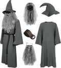 Deluxe 5 Pcs Wizard Costume for Adults Grey Wizard Robe with Wizards Hat, Belt, Wig & Beard Halloween Costumes For Men