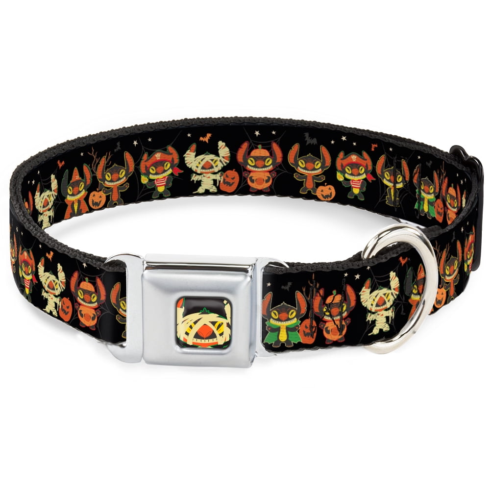 Disney Pet Collar, Dog Collar Metal Seatbelt Buckle, Lilo and Stitch Halloween Stitch Dress Up Poses Black, 9.5 to 13 Inches 1.0 Inch Wide