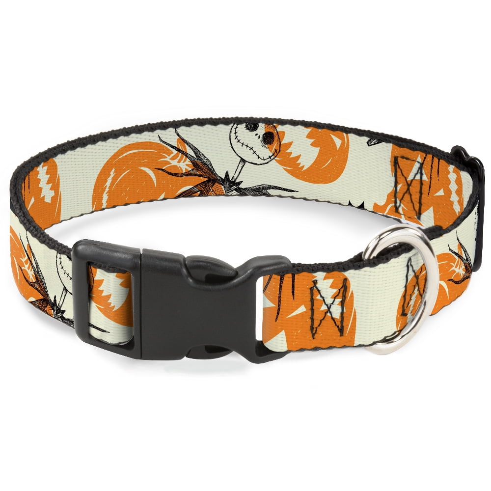 Disney Pet Collar, Dog Collar Plastic Buckle, The Nightmare Before Christmas Jack Pose and Pumpkins Collage, 13 to 17 Inches 1.5 Inch Wide