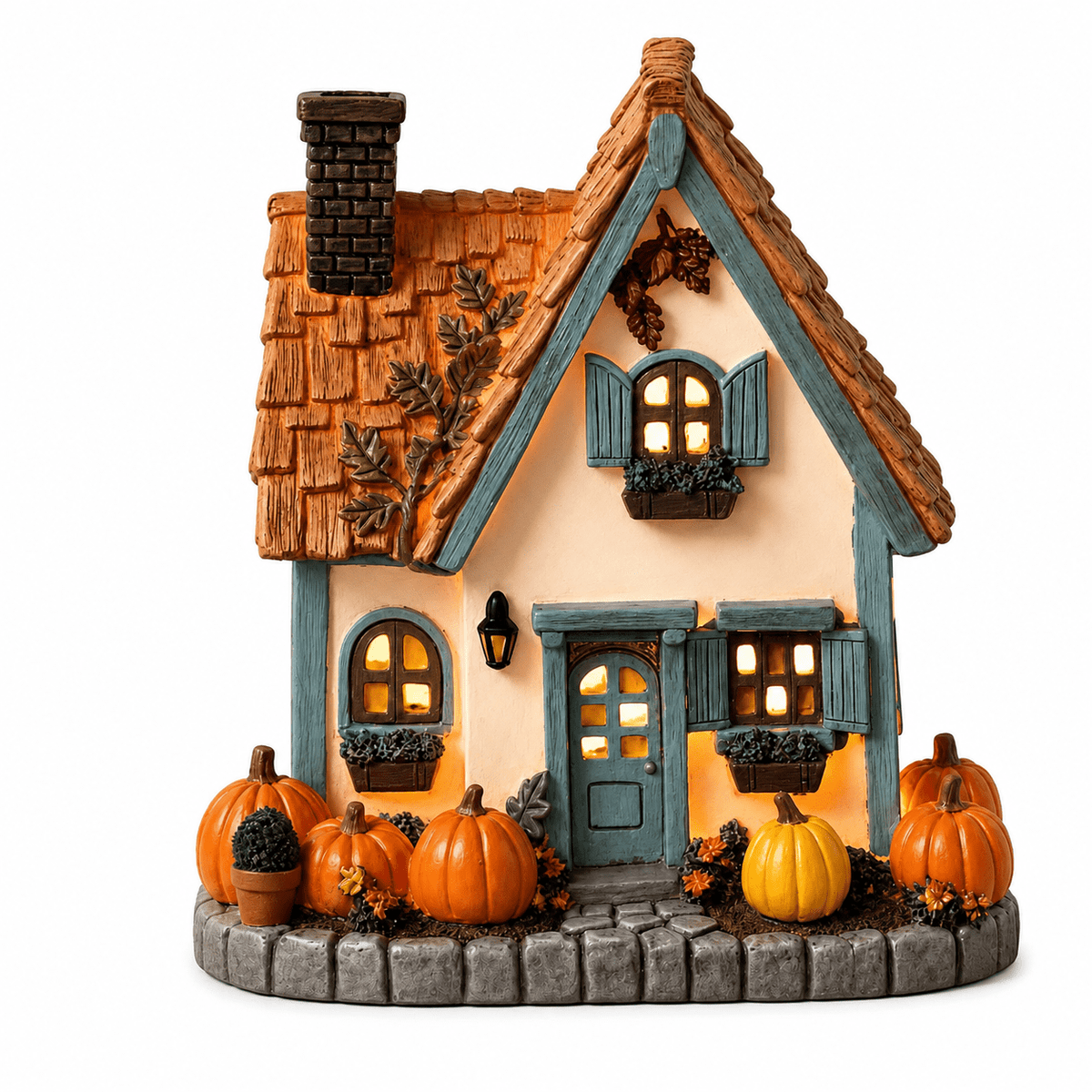 Fall Harvest Light Up Cottage House, LED Resin Pumpkin Autumn Halloween Thanksgiving Tabletop Decor with Warm Glow for Mantel Shelf Home Office Seasonal Decoration, 6" (1 PC)
