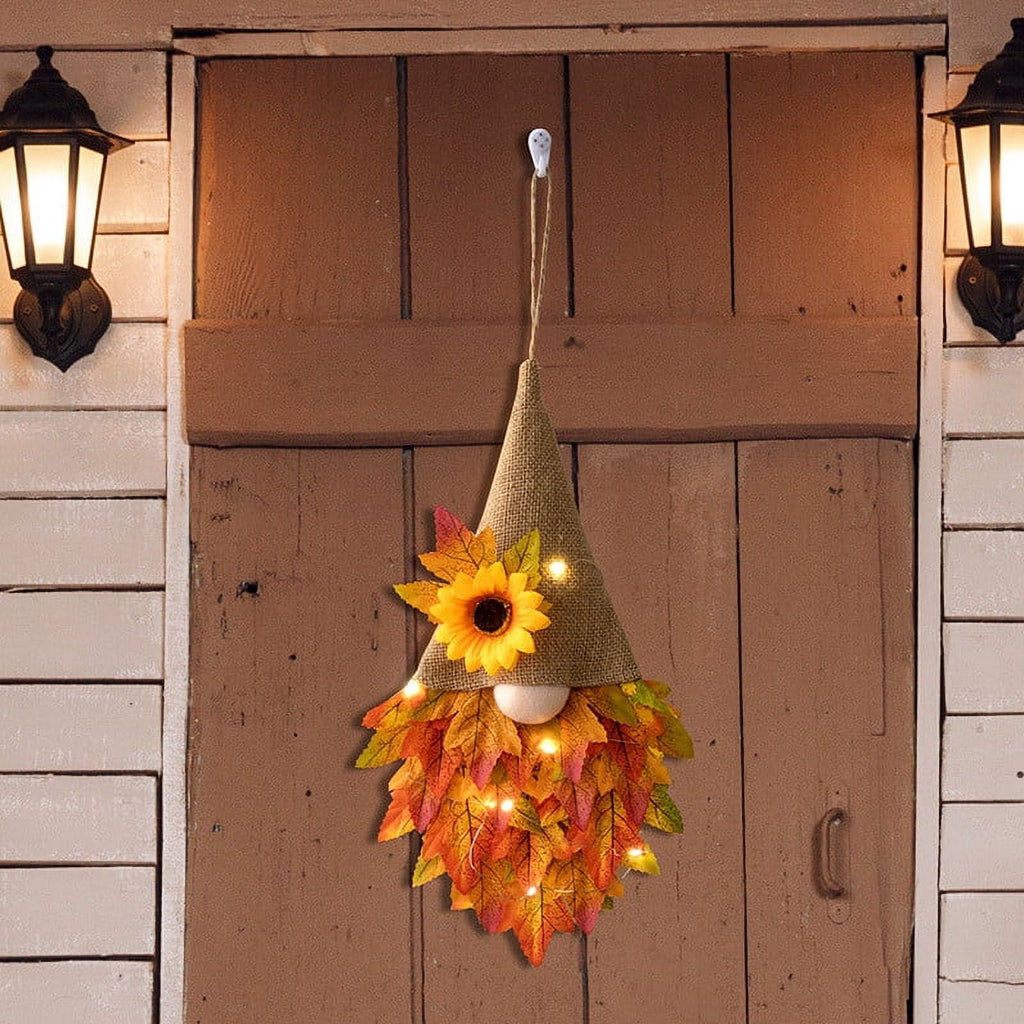 Fall Maple Leaf Gnome Wreaths for Front Door with Lights, 14.6'' Autumn Door Wreath Gnome, Maple Leaf Fall Decorations Wreath, Fall Wreath for Halloween Decorations, Thanksgiving, Harvest Festival