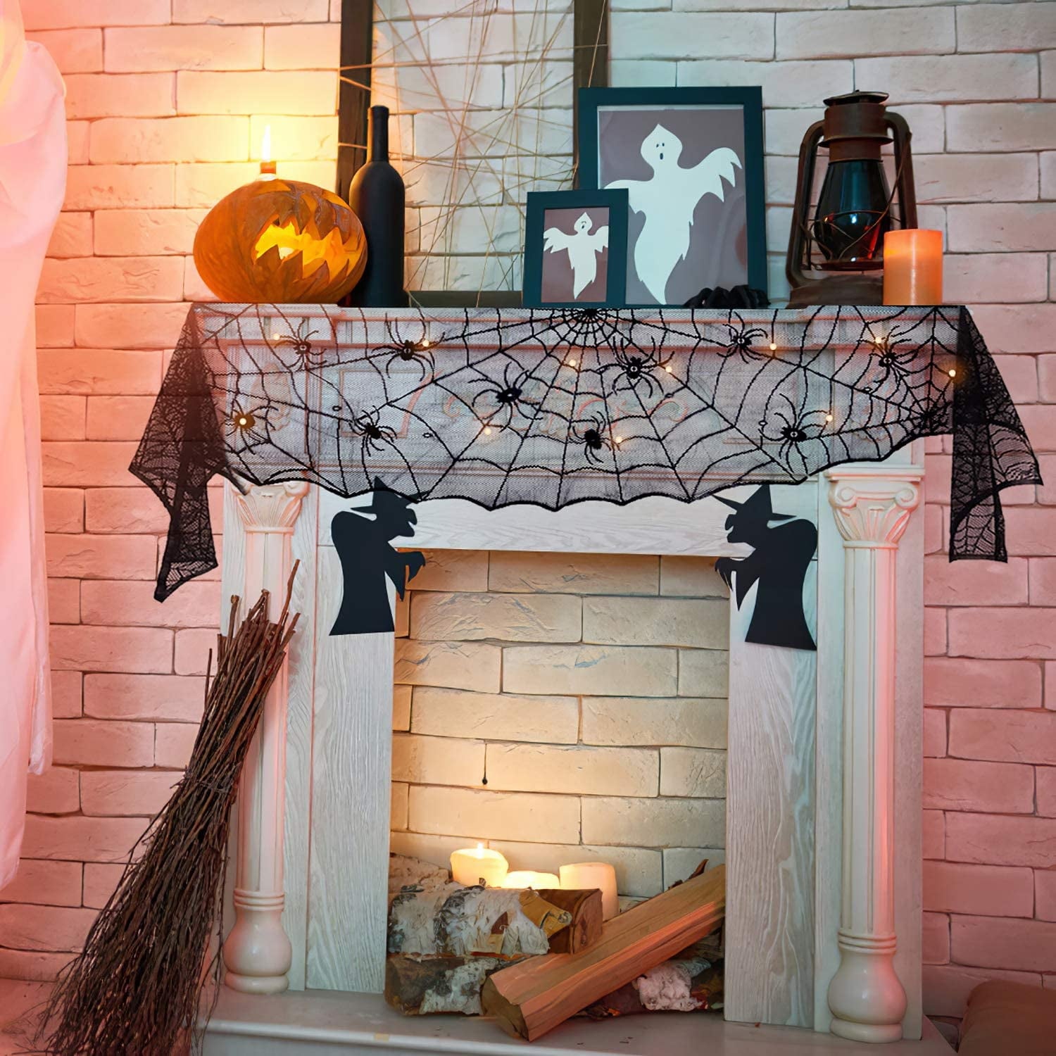Fun Little Toys 8.4" Feet Halloween Lace Mantle Runner with String Lights,Halloween Decoration,Halloween Party Supplies,Halloween String Lights for Halloween Home Party Décor