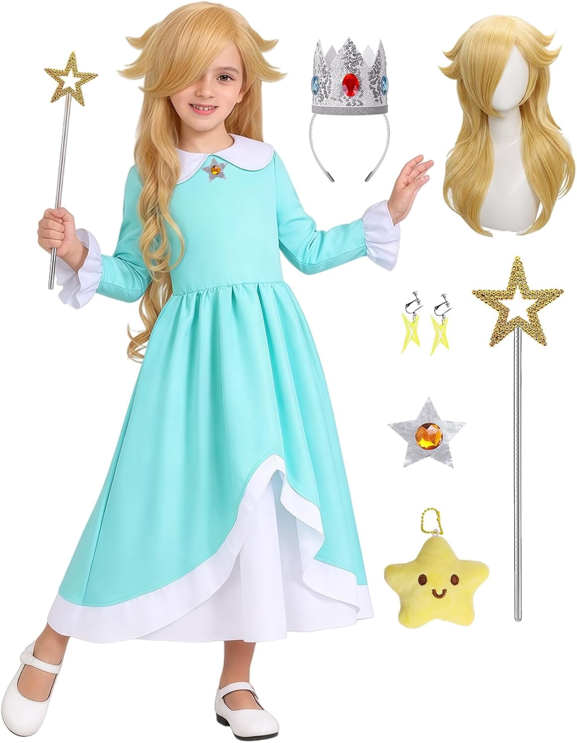 G*irls Halloween Princess Dress with Accessories, Blue Princess Dress with Wig Wand Crown Earrings and Star Earrings
