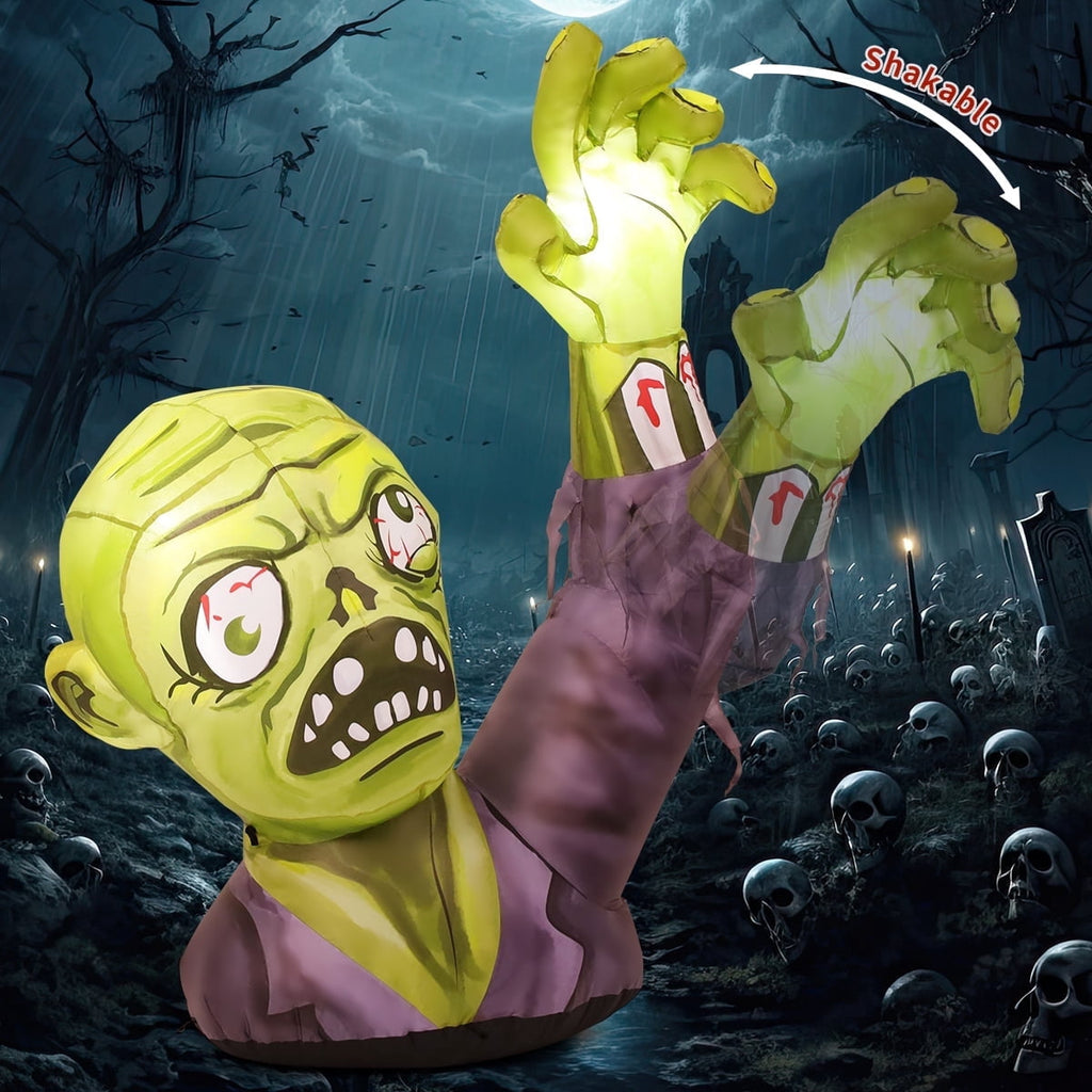 GOOSH Halloween Inflatable 5 FT Zombie Inflatable Shaking Hands, Zombie Inflatable Halloween Decorations Scary Halloween Blow Ups with LED Lights, Halloween Inflatables Clearance for Holiday/Party