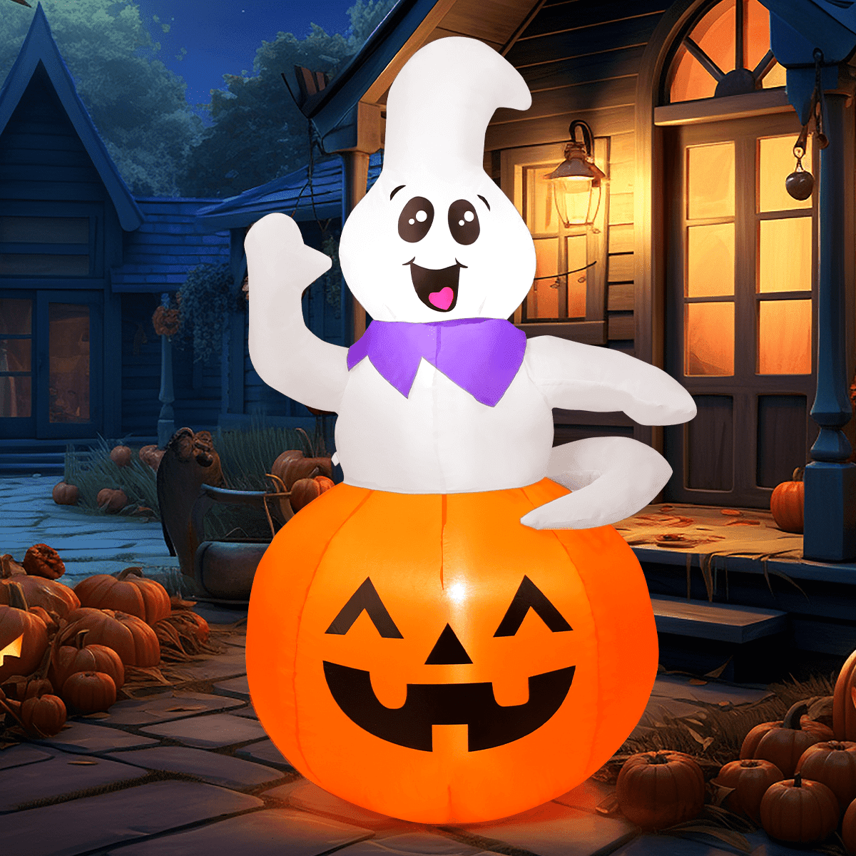 GOOSH Halloween Inflatable 5 FT Pumpkin Ghost Inflatable, Cute Ghost Pumpkin Inflatable Halloween Blow Up Decorations with LED Lights, Outdoor Halloween Decorations Clearance for Halloween/Holiday