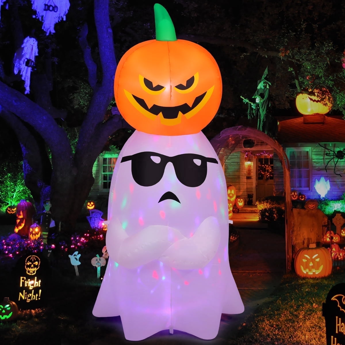 GOOSH Halloween Inflatables 6 FT Inflatable Ghost with Pumpkin, Cute Halloween Ghost Inflatable Halloween Decoration with LED Lights, Outdoor Halloween Decorations Blow up Ghost for Holiday Party
