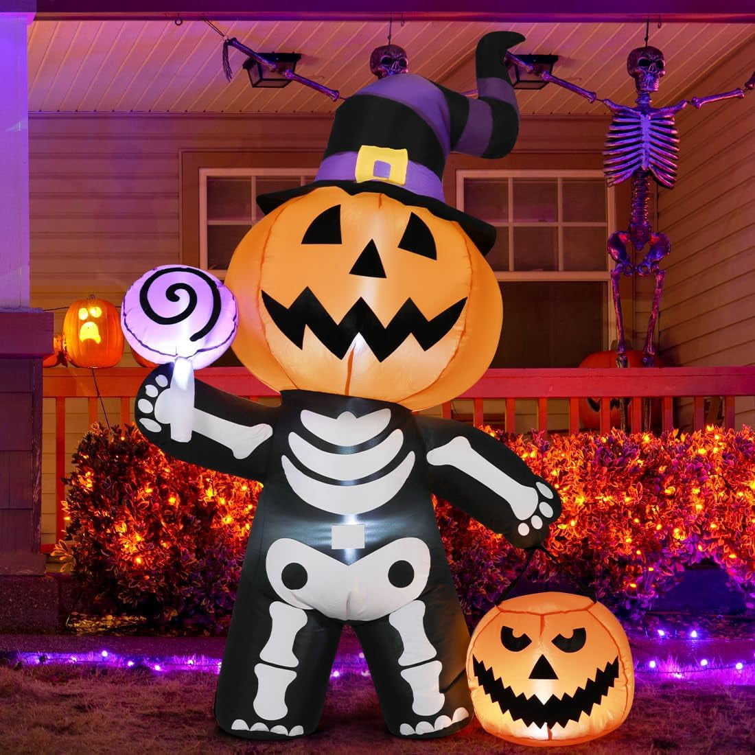 GOOSH Halloween Inflatables 6 FT Halloween Pumpkin Inflatable with Skull Body, Scary Blow Up Halloween Pumpkin Decoration with LED Lights, Outdoor Halloween Decorations Clearance for Holiday Party