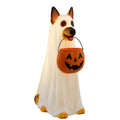 Ghost Dog,Ghost Decor,Halloween Light Up Ghost Dog Statue, LED Ghost Puppy Holding Pumpkin Candy Bucket, Waterproof Outdoor Decoration For Front Yard Porch Garden(White A 10in)