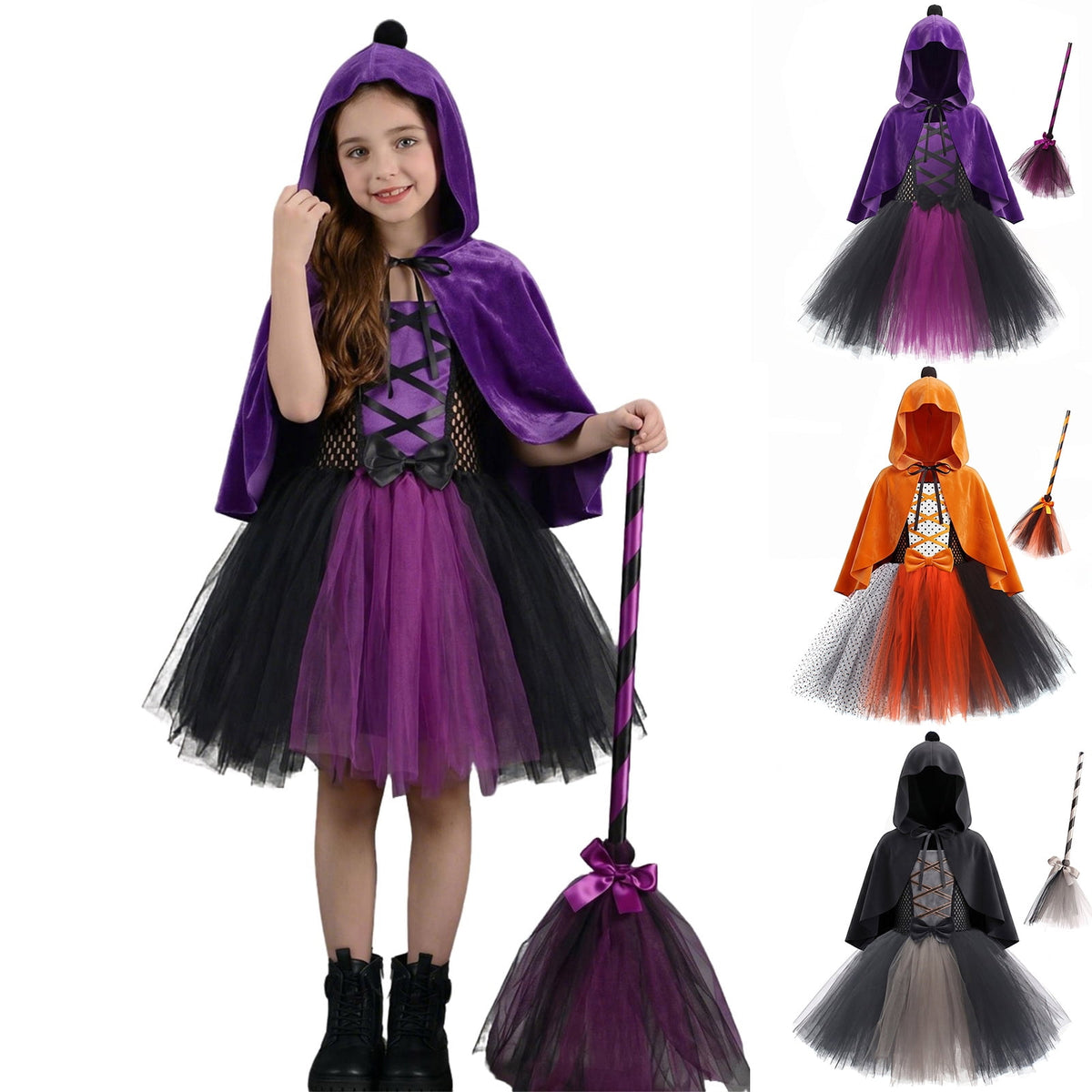 Girl Witch Tutu Dresses Cape Witch Outfit Set Halloween Dress up Party Girls Size 2-12 Years