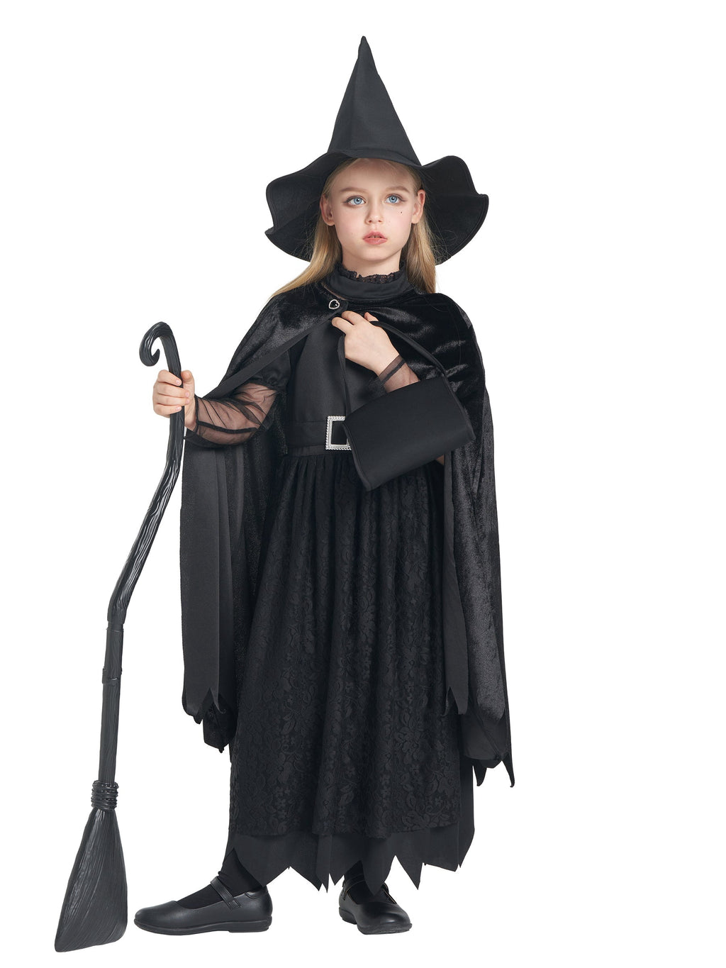 Girls Deluxe Witch Costume, 4 Pcs Dress Hat Cape Bag Velvet Black Suit for Kids Halloween Party Fancy Dress Up 4-6Y