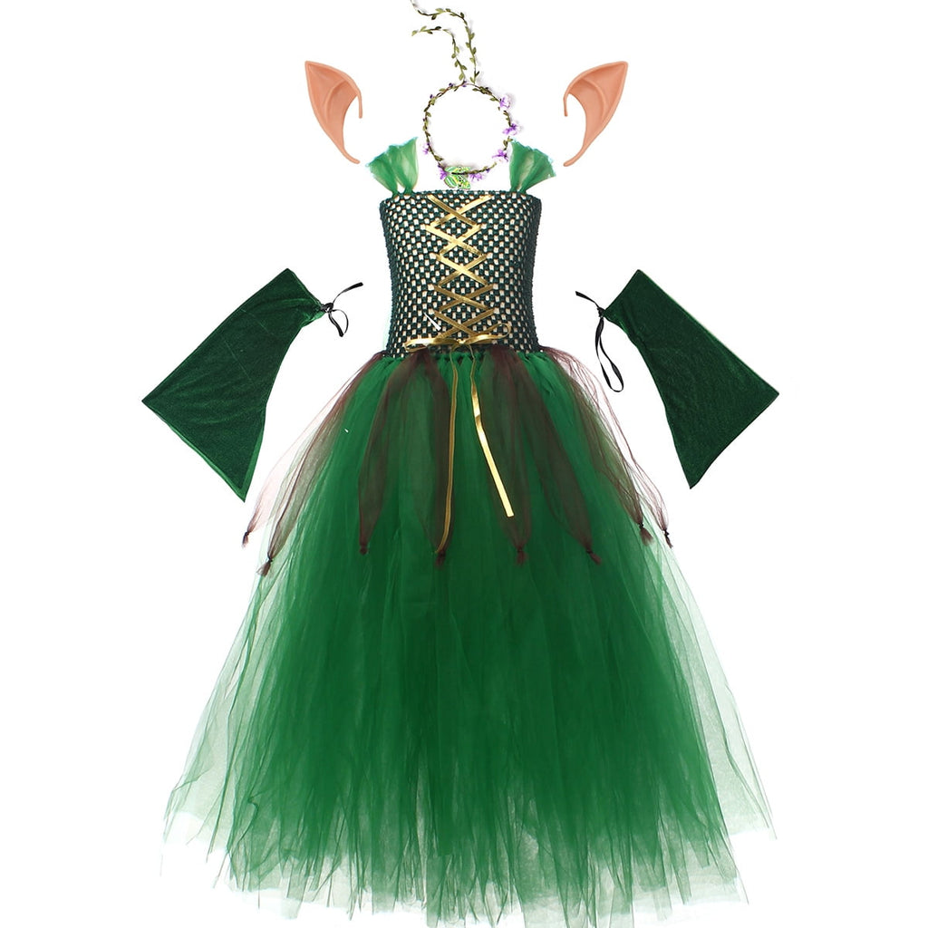 Girls Halloween Forest Elf Fairy Costume Green Sleeveless Tulle Tutu Dress+ Arm Sleeves+ Elf Ears+ Garland