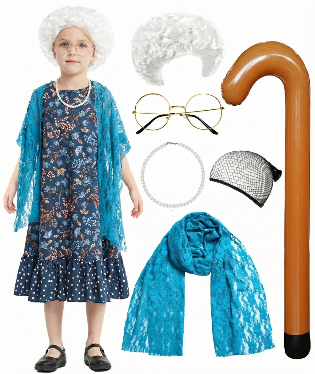Girls Old Lady Costume, 100th Day of School 6 Pcs Dress Wig Accessories for Kids Granny Cosplay Blue 8-10Y