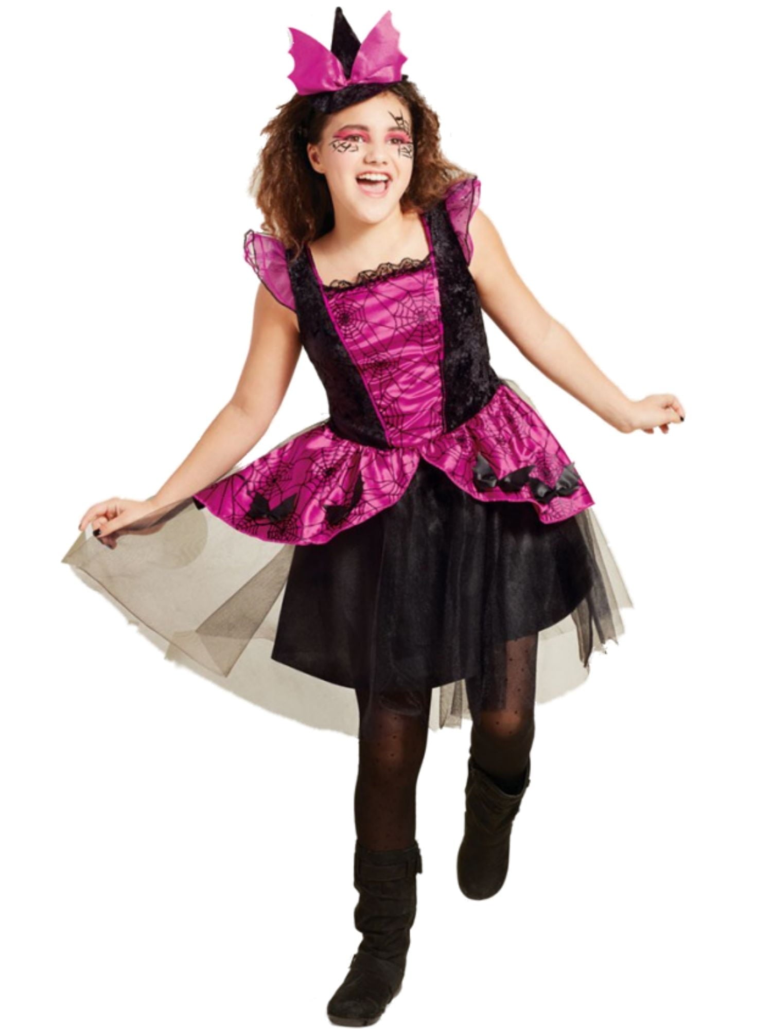 Girls Pink Bat Witch Black Glitter Tulle Halloween Dress Costume L 10/12