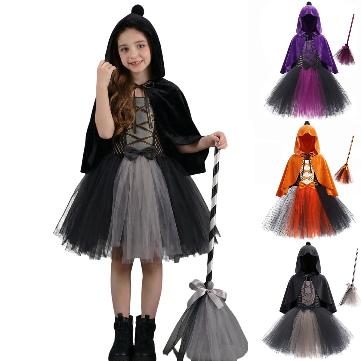 Girl Witch Tutu Dresses Cape Witch Outfit Set Halloween Dress up Party Girls Size 2-12 Years