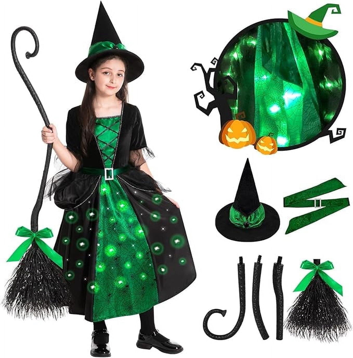 Girls Witch Halloween Costumes, Light Up Halloween Witch Dress with Broom and Hat for Kids Cosplay Party 5-7 Years