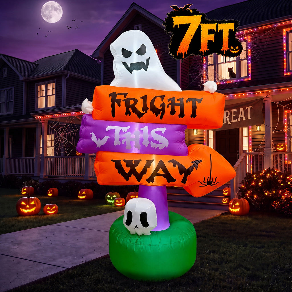 Glazina 7 FT Halloween Inflatable Ghost Signpost with Skull Spider, Built-In LED Lights, Outdoor Halloween Blow Up Yard Decoration