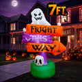 Glazina 7 FT Halloween Inflatable Ghost Signpost with Skull Spider, Built-In LED Lights, Outdoor Halloween Blow Up Yard Decoration