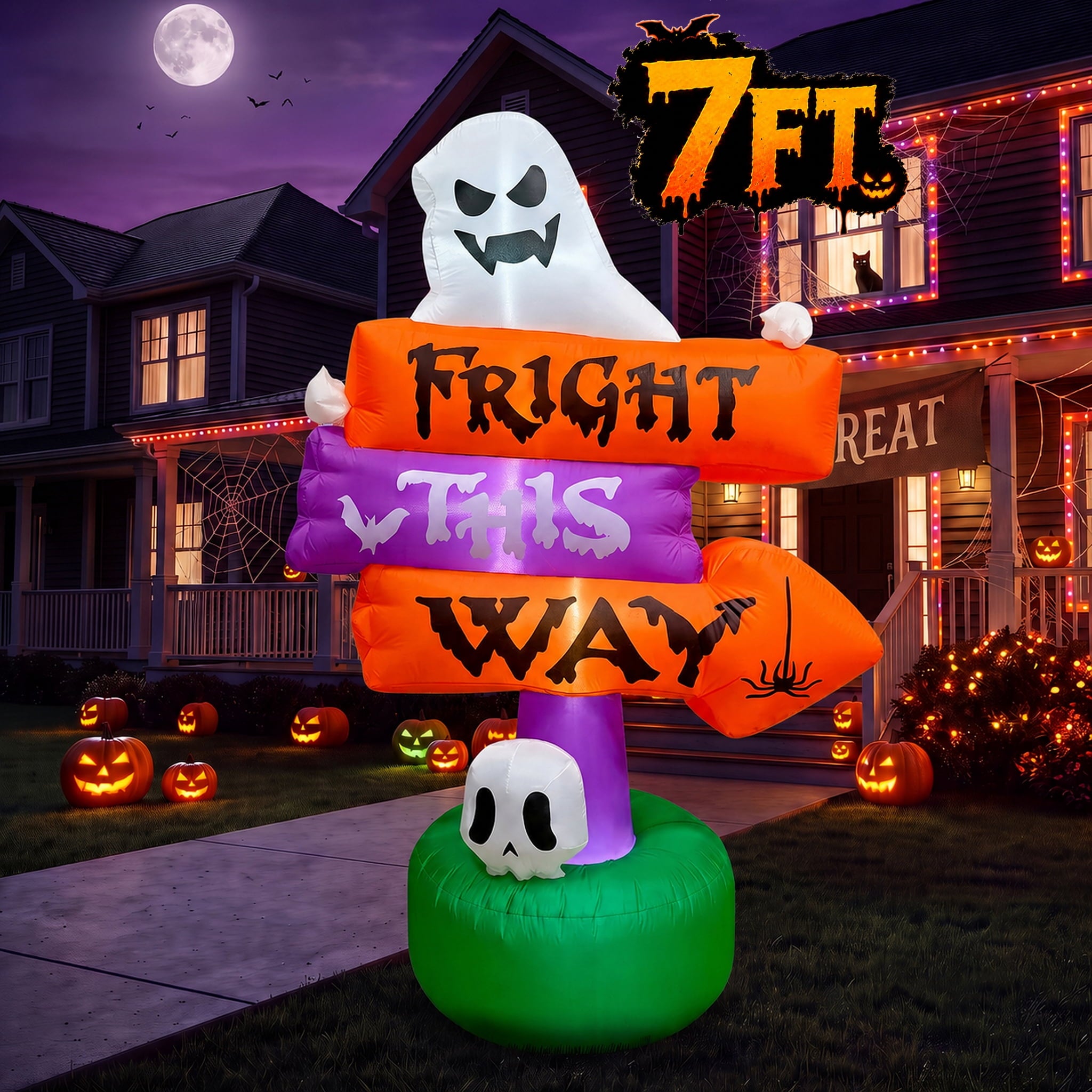 Glazina 7 FT Halloween Inflatable Ghost Signpost with Skull Spider, Built-In LED Lights, Outdoor Halloween Blow Up Yard Decoration