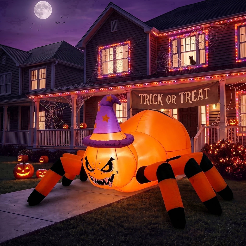 Glazina 6 FT Halloween Inflatable Pumpkin Spider with Witch Hat, Built-In LED Lights, Outdoor Halloween Blow Up Yard Decoration