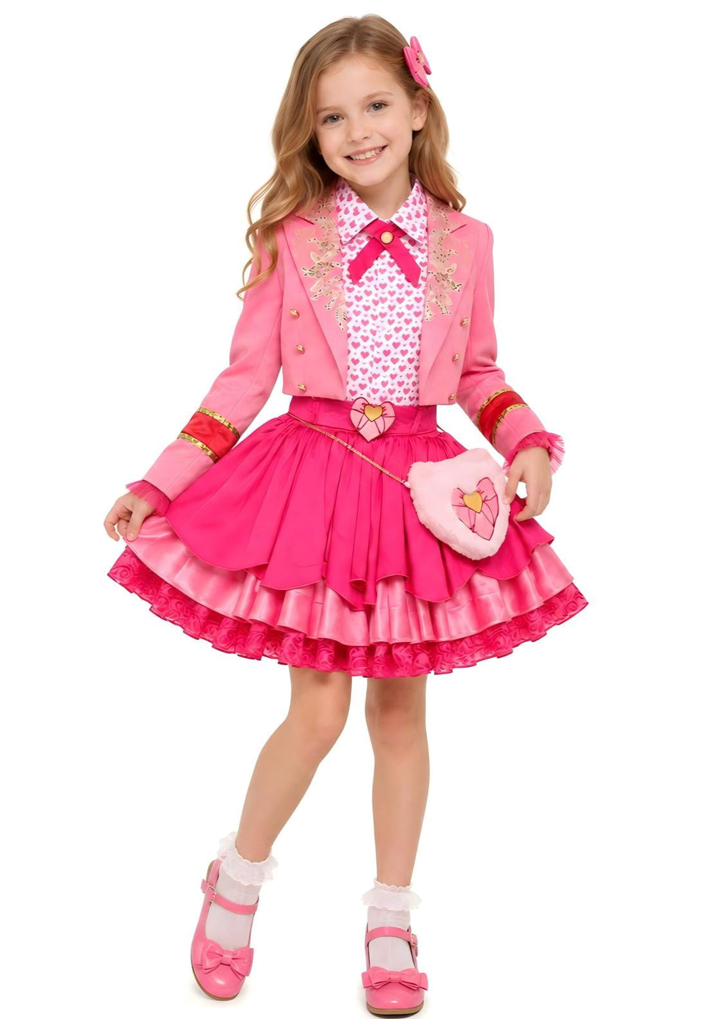 Guvpev G'irls Halloween Princess Costume, Pink Princess Dress Full Set with Heart Print Jacket, Shirt, Layered Skirt & Fuzzy Bag, Halloween Cosplay Outfits for Birthday Party & Fancy Dress Up