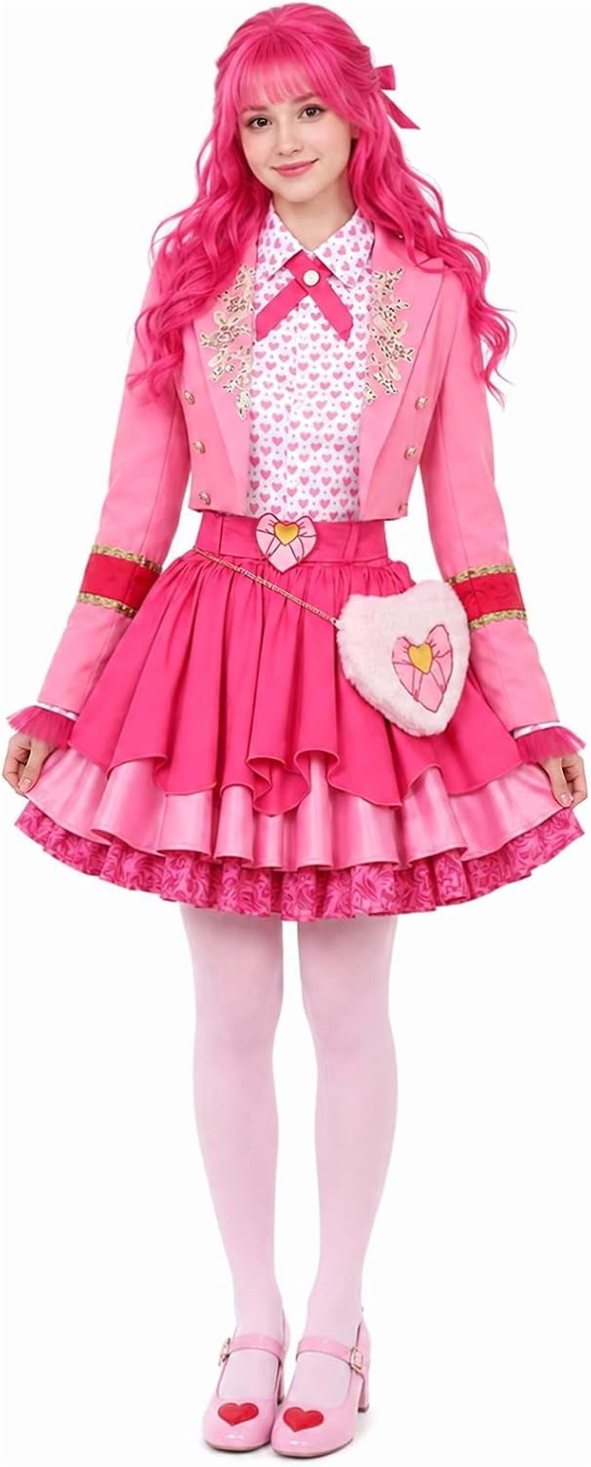 Guvpev G'irls Halloween Princess Costume, Pink Princess Dress Full Set with Heart Print Jacket, Shirt, Layered Skirt & Fuzzy Bag, Halloween Cosplay Outfits for Birthday Party & Fancy Dress Up
