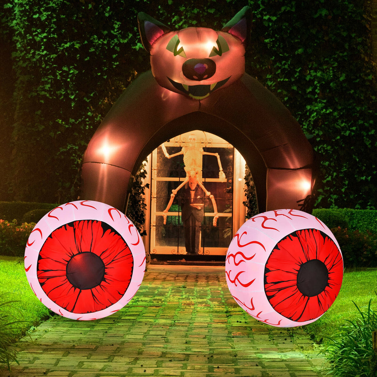 Gymax 2-Pack Inflatable Halloween Eyeballs 3ft Yard Decoration w/ Built-in LED Lights