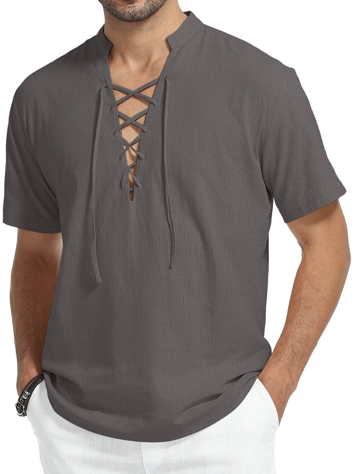 HAOMEILI Men's Short Sleeve Shirts Retro Style Lace up for Medieval,Viking,Hippie Halloween Cosplay Pirate Renaissance Costume