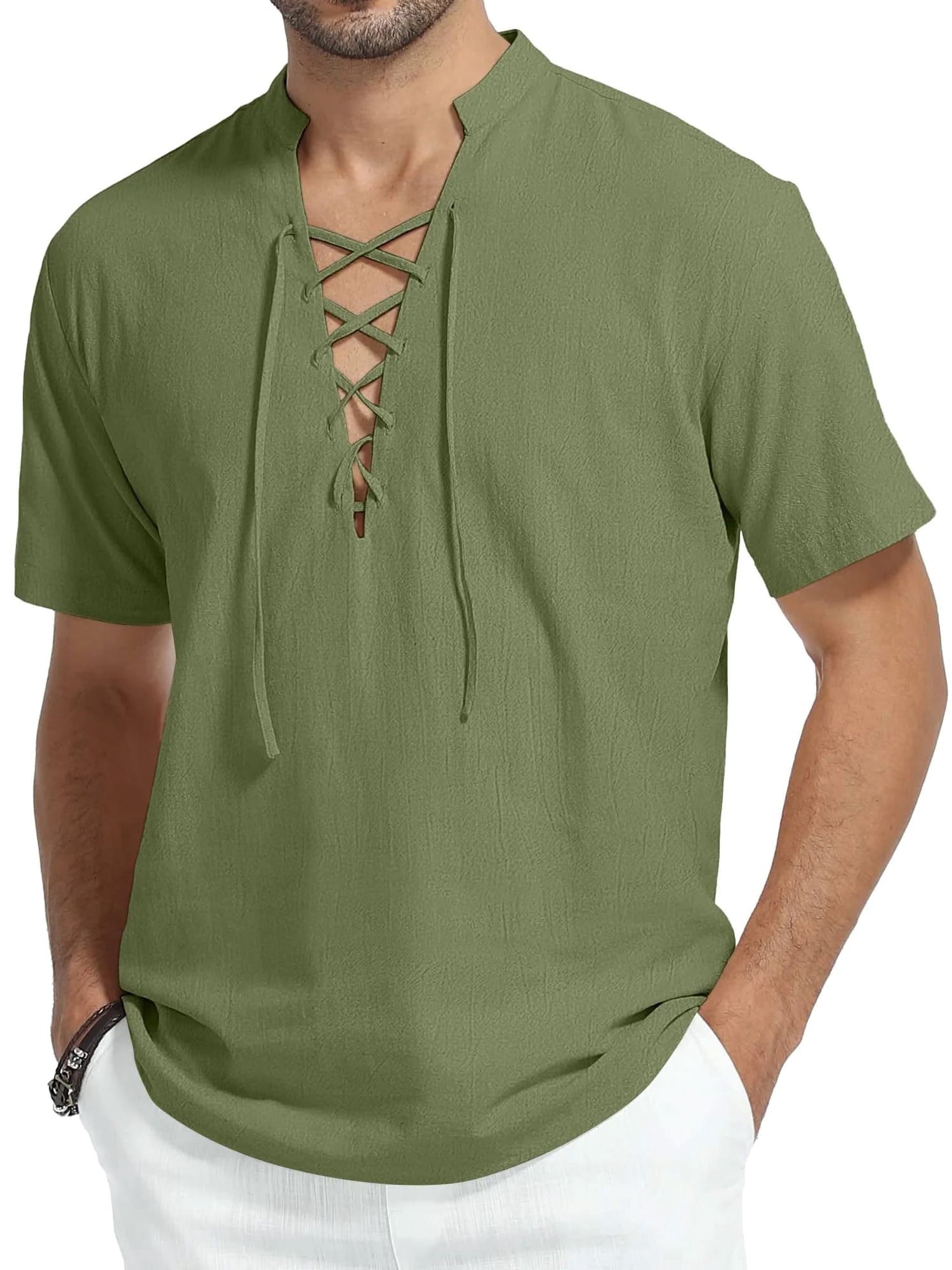 HAOMEILI Men's Short Sleeve Shirts Retro Style Lace up for Medieval,Viking,Hippie Halloween Cosplay Pirate Renaissance Costume