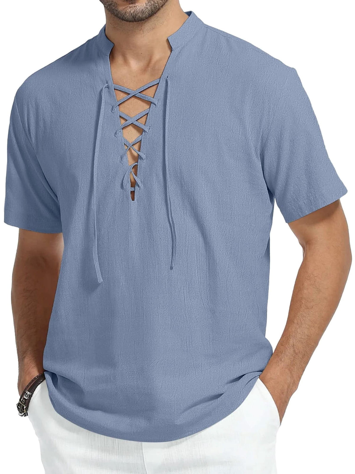 HAOMEILI Men's Short Sleeve Shirts Retro Style Lace up for Medieval,Viking,Hippie Halloween Cosplay Pirate Renaissance Costume