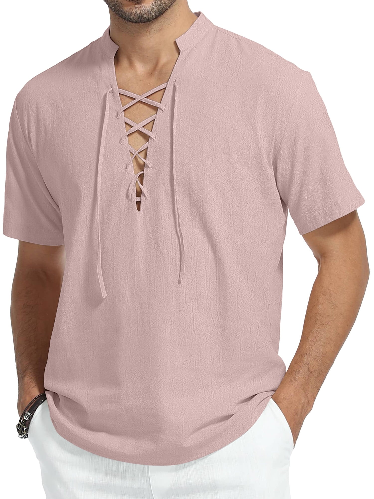 HAOMEILI Men's Short Sleeve Shirts Retro Style Lace up for Medieval,Viking,Hippie Halloween Cosplay Pirate Renaissance Costume
