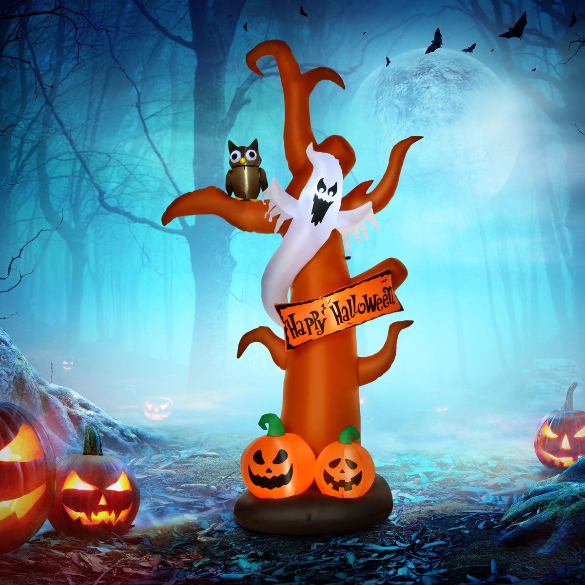 Outsunny 5' Halloween Inflatables Outdoor Decorations Ghost Tree with Pumpkins, Blow-Up LED Yard Decor Indoor Outdoor for Garden, Lawn, Party, Holiday