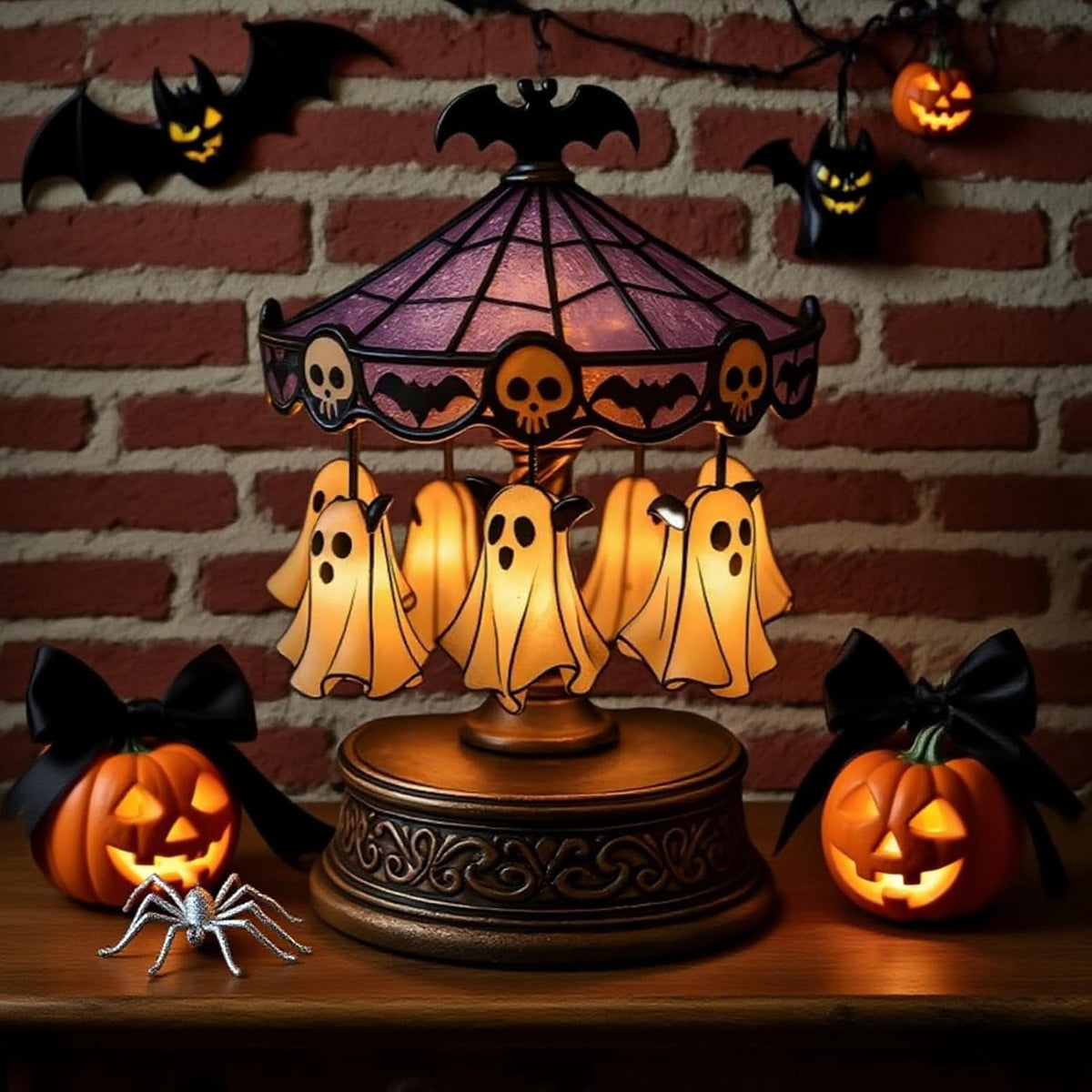 HaCpiu Halloween Ghost Carousel Night Light, Halloween Rotating Desktop Sculpture with LED Glow, Spooky Animated Tabletop Decoration for Indoor Holiday Accent
