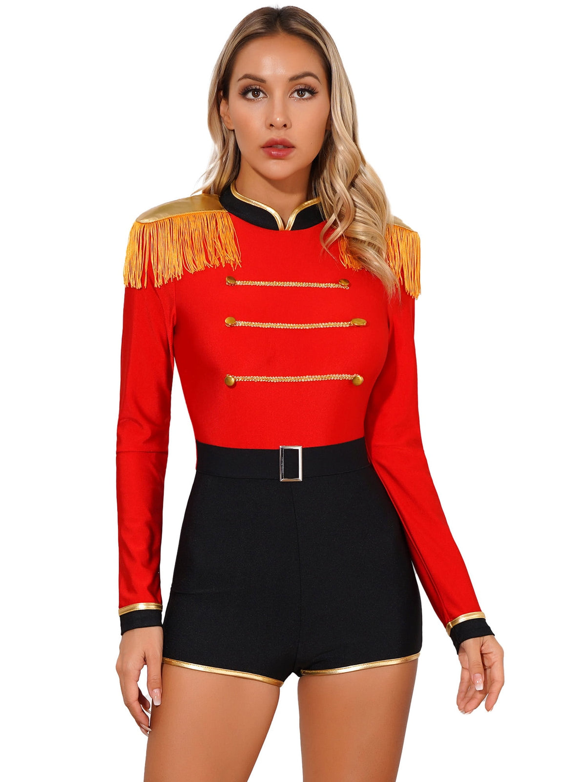 Haitryli Women's Circus Ringmaster Costume Tassel Leotard Bodysuit Halloween Cosplay Party Outfits Red L