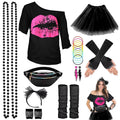 Halloween 80s Outfits Costume,80s Outfit for Women, Lip Print T-Shirt Tutu Skirt with Fanny Pack Accessories Set for Halloween Costume Party