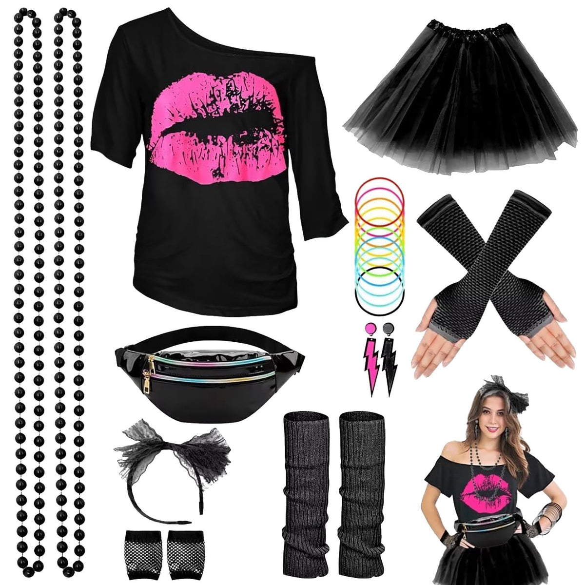 Halloween 80s Outfits Costume,80s Outfit for Women, Lip Print T-Shirt Tutu Skirt with Fanny Pack Accessories Set for Halloween Costume Party