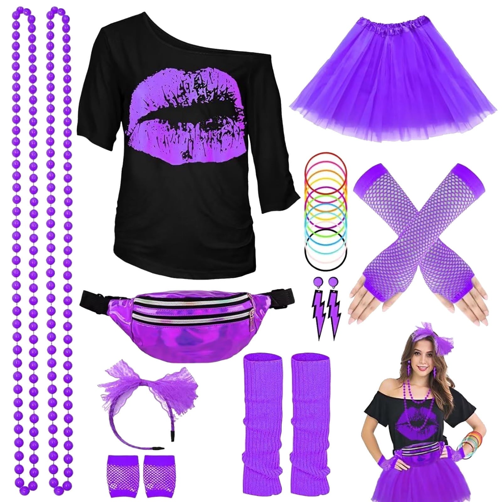 Halloween 80s Outfits Costume,80s Outfit for Women, Lip Print T-Shirt Tutu Skirt with Fanny Pack Accessories Set for Halloween Costume Party