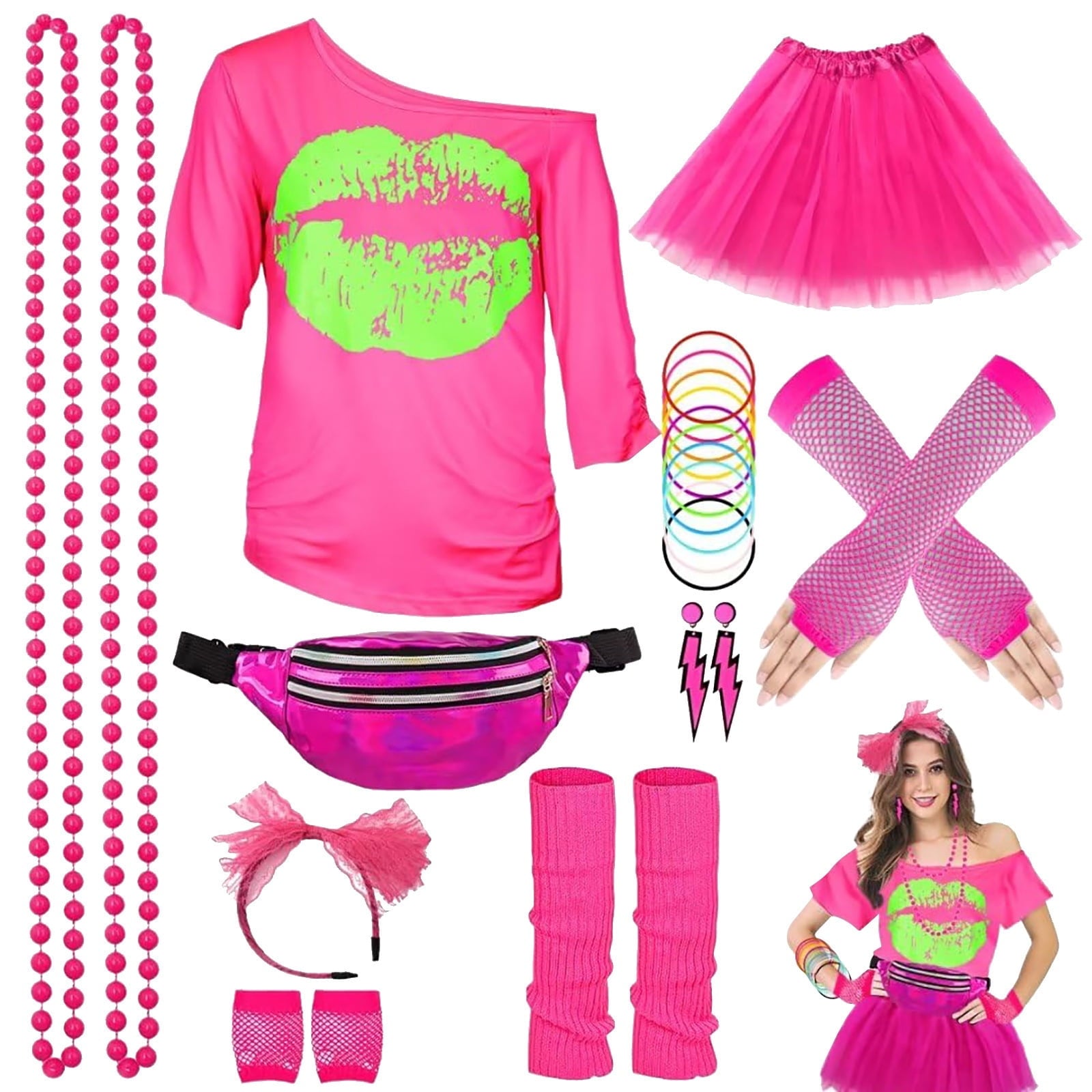 Halloween 80s Outfits Costume,80s Outfit for Women, Lip Print T-Shirt Tutu Skirt with Fanny Pack Accessories Set for Halloween Costume Party