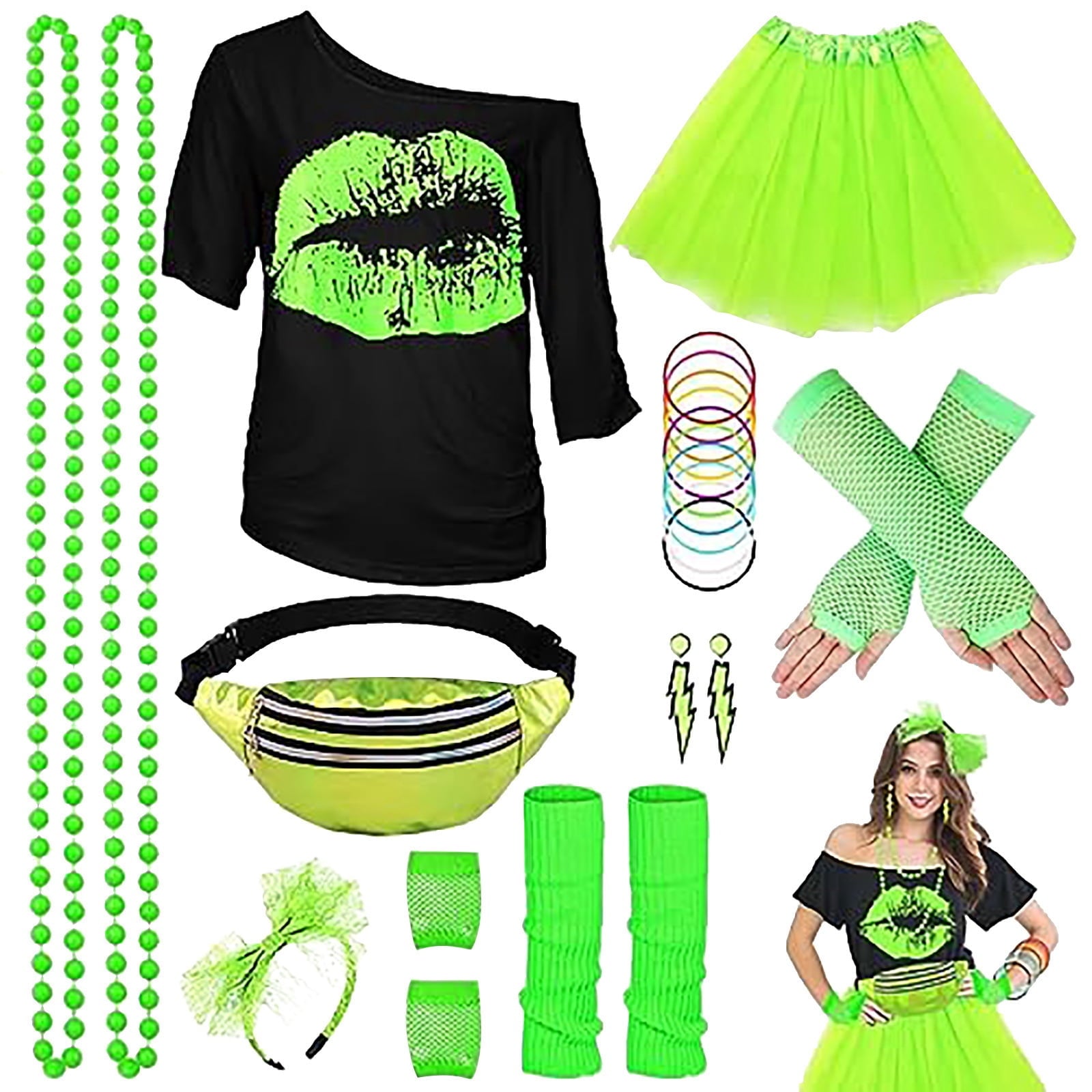 Halloween 80s Outfits Costume,80s Outfit for Women, Lip Print T-Shirt Tutu Skirt with Fanny Pack Accessories Set for Halloween Costume Party