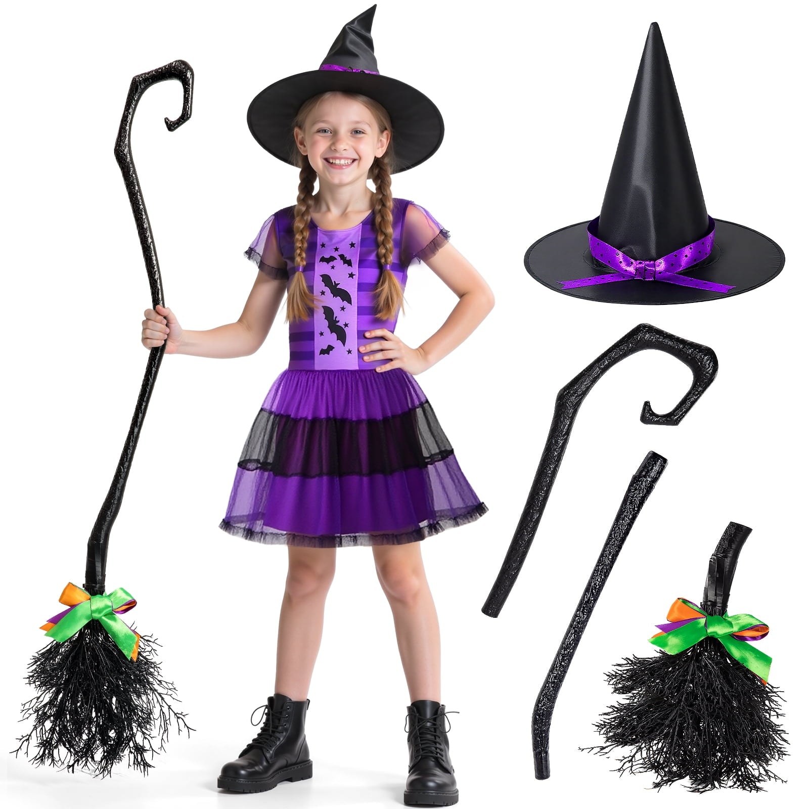 MAVOLIO Witch Costume Set with Hat for Girls, Halloween Dress‑up Outfit, Role‑Play Cosplay Costume for Toddler Kids 3‑12(m)