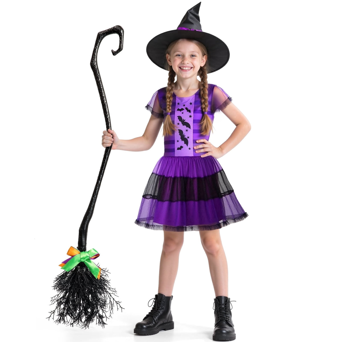 MAVOLIO Witch Costume Set with Hat for Girls, Halloween Dress‑up Outfit, Role‑Play Cosplay Costume for Toddler Kids 3‑12(m)