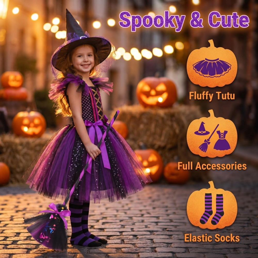 Halloween Cute Purple Witch Costume Set for Toddler Girls, Bat Outfit Dress with Witch Hat & Magic Broom