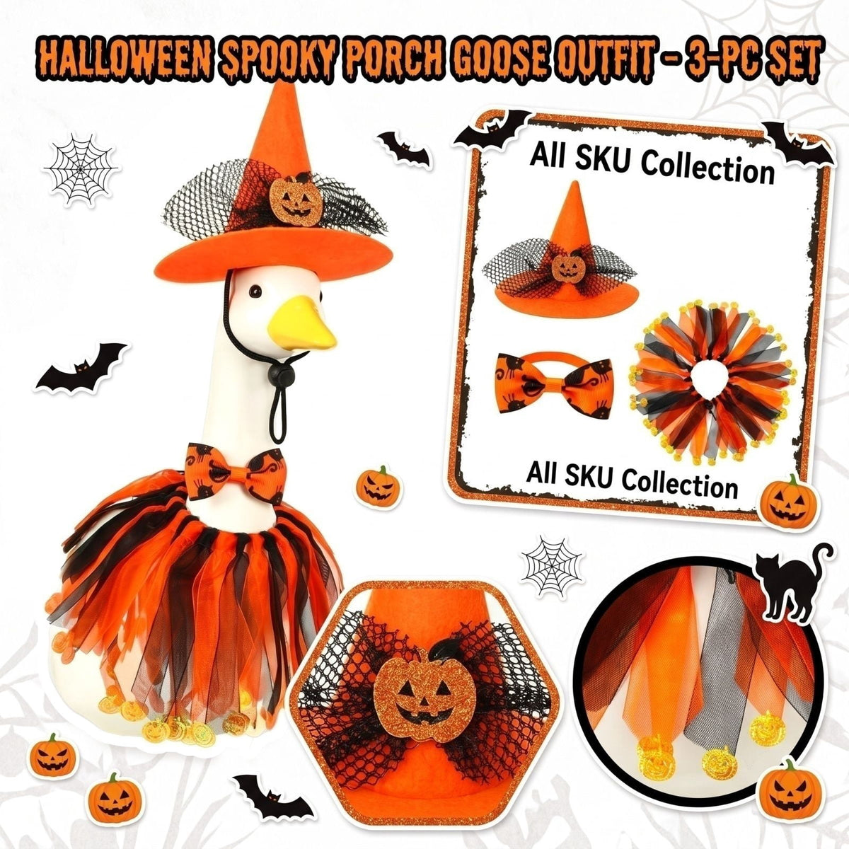 Outdoor Holiday Yard Decor, 23 Inch Porch Goose Outfits, Halloween Pumpkin Themed Porch Goose Clothes, Porch Goose Set with Hat and Treat Bag, Fits Standard 23 Inch Large Porch