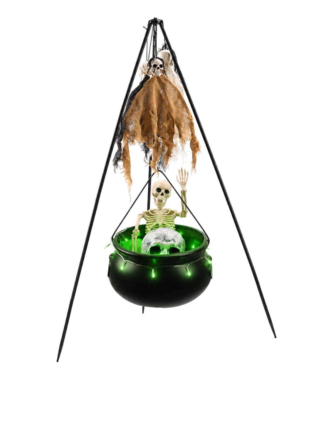 Halloween Decorations Bundle - 78cm/30.7" Witches Cauldron on 54" Tripod with Green LED Lights, 3pcs 40cm Skeleton, 60cm Skeleton, Skull Ornament, 4 Hooks - Indoor Outdoor Yard Porch Party Supplies