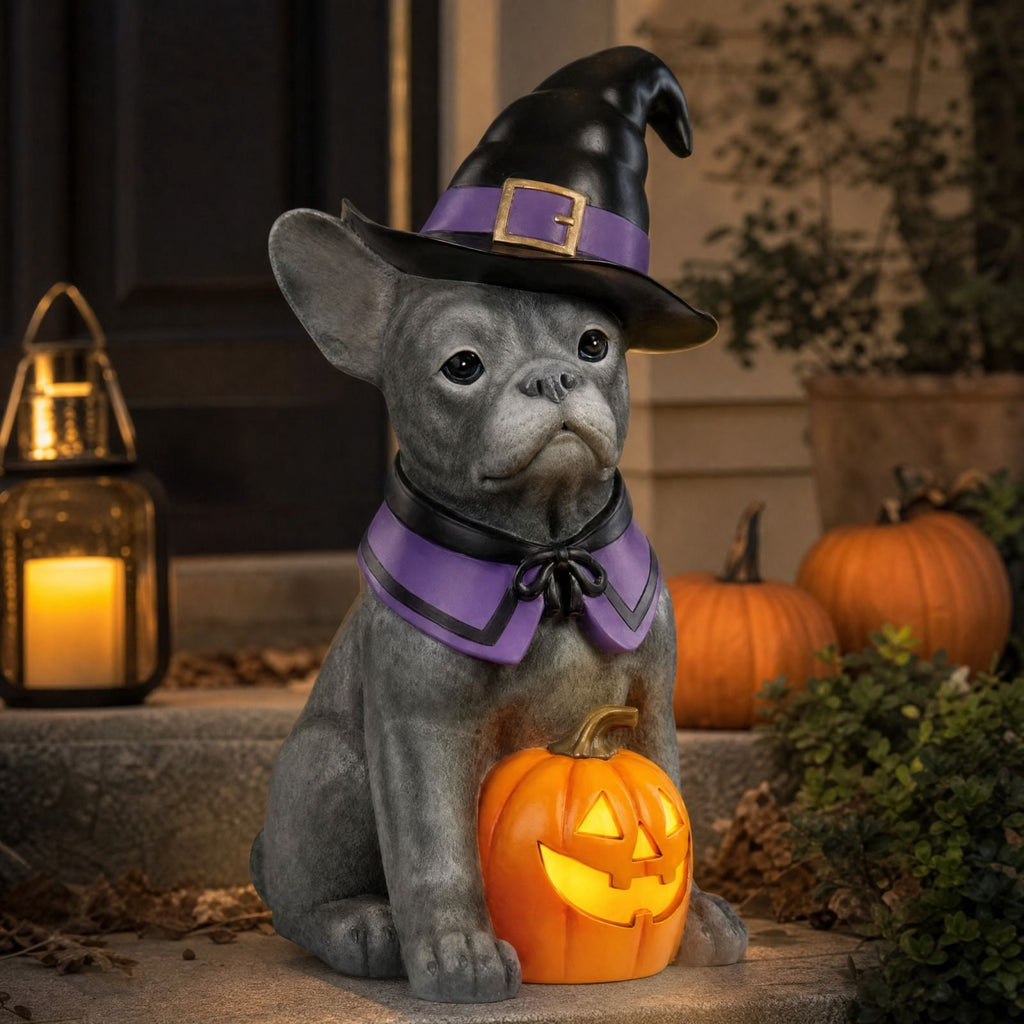 Halloween Dog Greeter - Frenchie 7.9in Resin Witch Dog with Light-Up Pumpkin, Spooky Fall Decor, Indoor Outdoor Tabletop Decoration