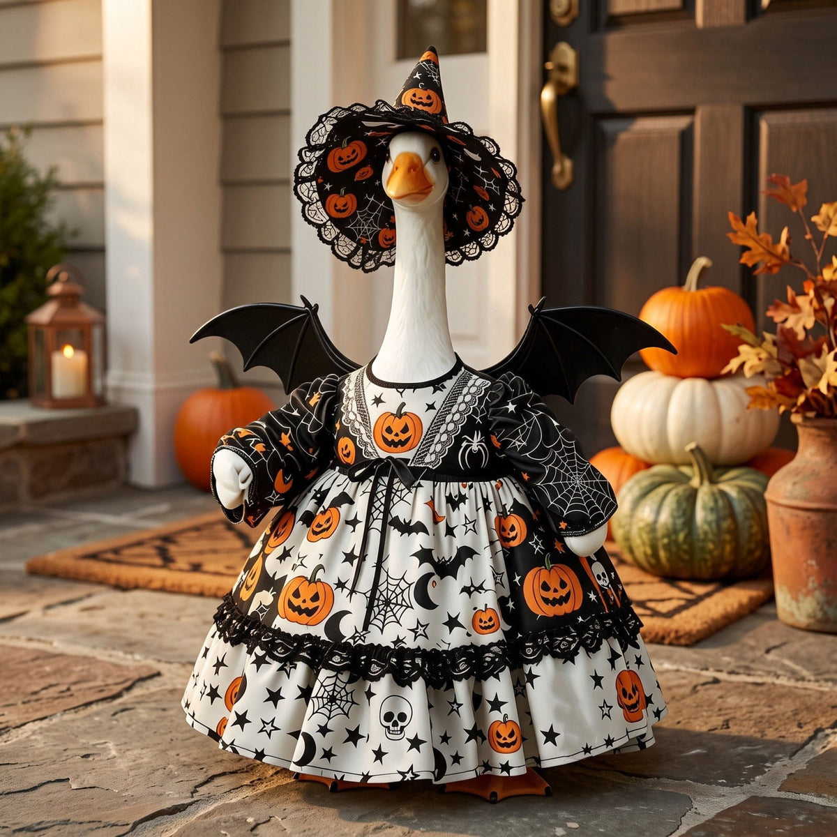 Thanksgiving Harvest Outfit for 23" Porch Goose, Goose Fall Theme Dress in White&Orange with Headwear Fall Harvest Decor for 23" Goose Outdoor Patio Yard Lawn Decoration