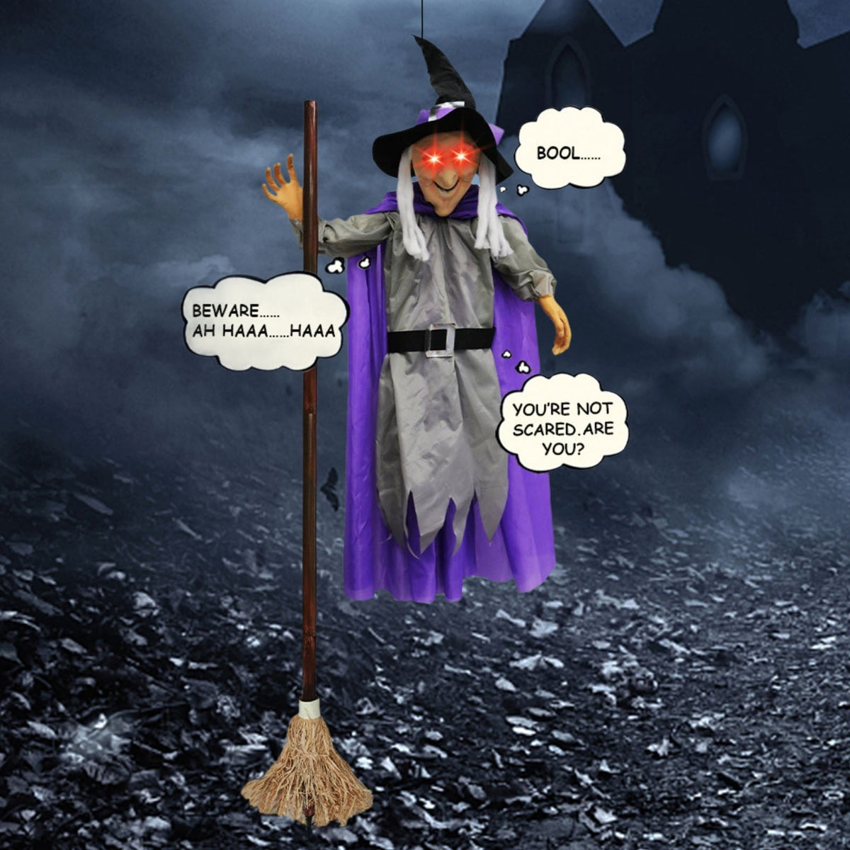Halloween Flying Witch on Broom Decorations, 6 FT Animated Hovering Witch Animatronics Holding Sweeper Props with Scary Sounds and Lights, House Decor for Outside Indoor Garden Yard Lawn