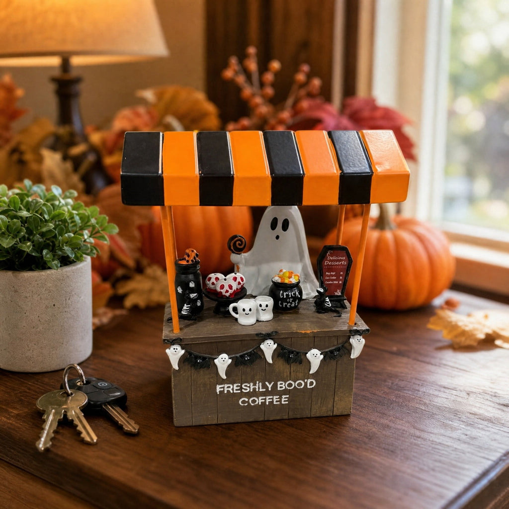Halloween Ghost Coffee Stand Figurine, 2026 Spooky Decorative Ghost Statue for Shelf Desk Tabletop, Resin Halloween Ornament for Party, Farmhouse Seasonal Decor