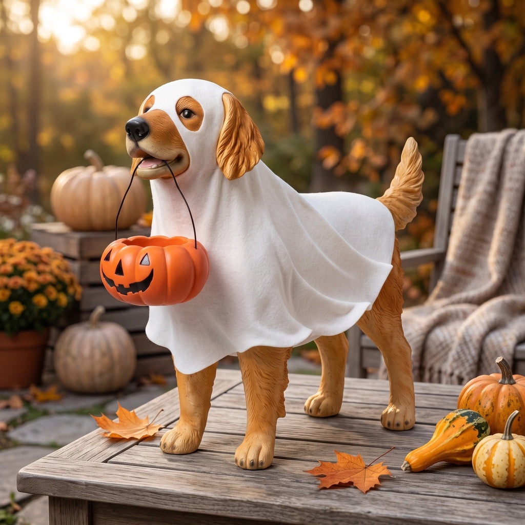 Halloween Ghost Dog Figurine, LED Light Statue, Yard Garden Decor, Treat Bucket Detail and Standing Sturdy Build for Front Porches, Garden Walkways and Tabletop Displays.