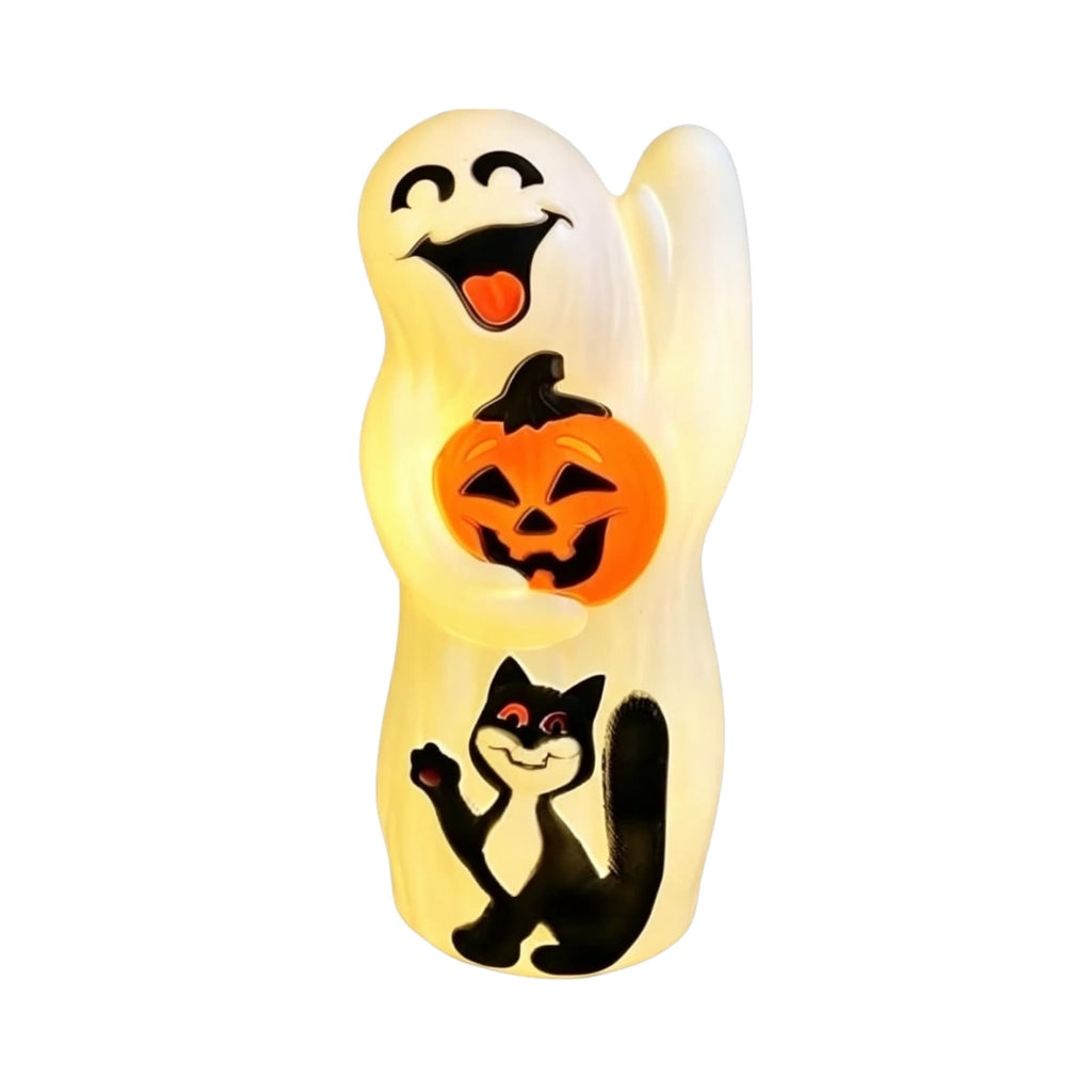 Halloween Lighted Vintage Patchwork Ghost, Blow Mold Ghost with Black Cat and Pumpkin LED Lamp, Festival Tabletop Decoration, Fall Home Decor and Table Ornament